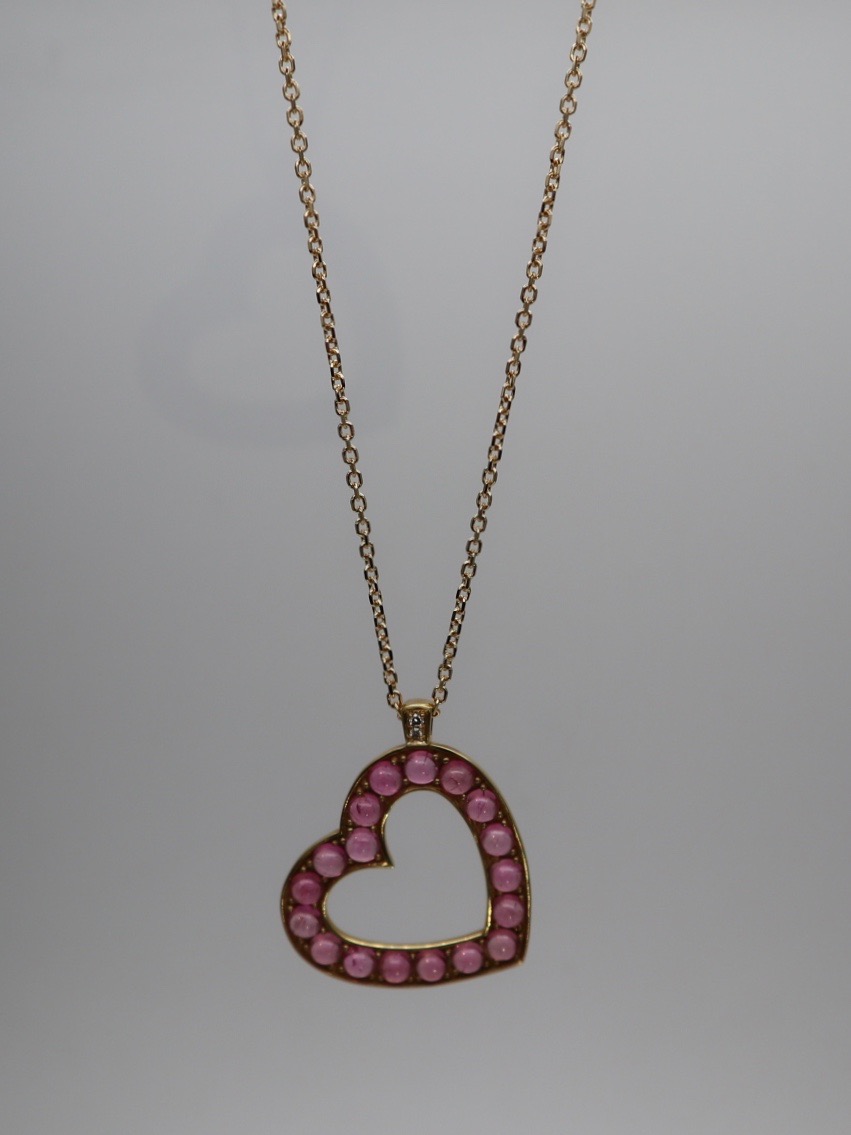Pink Tourmaline and Diamond Heart Pendant with Yellow gold Chain